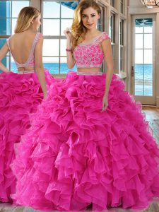 Glittering Floor Length Hot Pink Quinceanera Dresses Scoop Cap Sleeves Backless