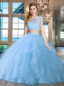 Custom Fit Scoop Light Blue Organza Zipper Sweet 16 Dresses Cap Sleeves With Brush Train Beading and Appliques and Ruffl