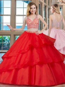 Brush Train Two Pieces Sweet 16 Quinceanera Dress Red V-neck Organza Sleeveless With Train Zipper
