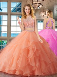 Scoop Backless Floor Length Peach Ball Gown Prom Dress Organza Sleeveless Beading and Ruffles