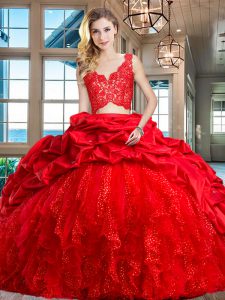 Discount Red Two Pieces Taffeta and Tulle V-neck Sleeveless Lace and Ruffles and Pick Ups Zipper Sweet 16 Quinceanera Dr