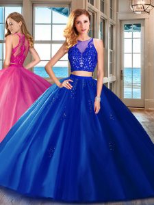 Popular Scoop Floor Length Zipper 15 Quinceanera Dress Royal Blue for Military Ball and Sweet 16 and Quinceanera with Ap