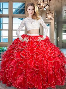 Fashionable Red Zipper Scoop Beading and Lace and Ruffles Quinceanera Gown Organza Long Sleeves