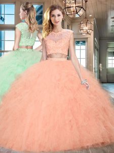Shining Peach Two Pieces Tulle Scoop Cap Sleeves Beading and Ruffles Floor Length Zipper 15 Quinceanera Dress
