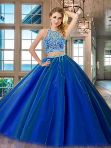 Clearance Royal Blue Backless Scoop Beading Sweet 16 Quinceanera Dress Tulle Sleeveless