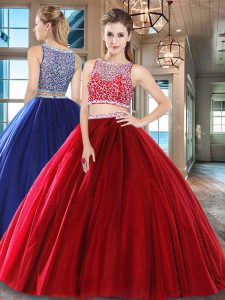 Modest Wine Red Two Pieces Bateau Sleeveless Tulle Floor Length Side Zipper Beading Sweet 16 Quinceanera Dress