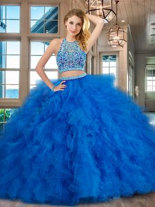 Blue Tulle Backless Scoop Sleeveless Floor Length Sweet 16 Dresses Beading and Ruffles