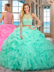 Sleeveless Organza Floor Length Lace Up Quinceanera Gown in Apple Green with Beading and Ruffles