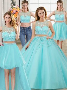 Four Piece Scoop Tulle Sleeveless Floor Length 15th Birthday Dress and Beading and Appliques