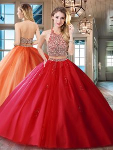 New Arrival Halter Top Beading and Appliques Quince Ball Gowns Red Backless Sleeveless With Brush Train