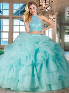 Halter Top Aqua Blue Sleeveless Beading and Ruffled Layers and Pick Ups Backless Quinceanera Dresses