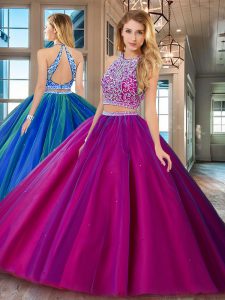 New Style Floor Length Fuchsia Quinceanera Gowns Scoop Sleeveless Backless