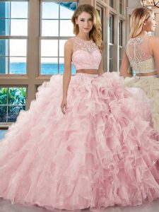 Custom Fit Scoop Floor Length Zipper Quince Ball Gowns Baby Pink for Military Ball and Sweet 16 and Quinceanera with Bea