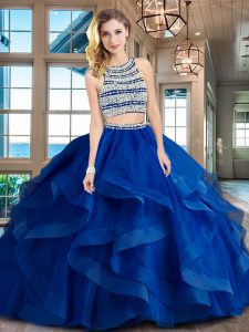 Royal Blue Scoop Neckline Beading and Ruffles Quinceanera Gown Sleeveless Backless