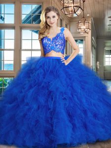 Royal Blue Two Pieces Tulle V-neck Sleeveless Lace and Ruffles Zipper Quinceanera Dress Brush Train