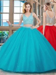 Aqua Blue Sleeveless Tulle Brush Train Zipper Sweet 16 Dress for Military Ball and Sweet 16 and Quinceanera
