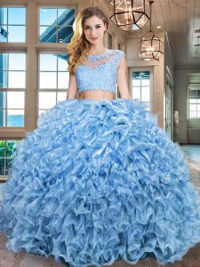 Great Scoop Baby Blue Zipper 15 Quinceanera Dress Beading and Appliques and Ruffles Cap Sleeves Floor Length