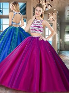 Exquisite Fuchsia Two Pieces Scoop Sleeveless Tulle Floor Length Backless Beading Quinceanera Dresses