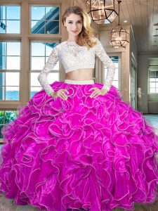 Chic Fuchsia Zipper Scoop Beading and Lace and Ruffles Quince Ball Gowns Organza Long Sleeves