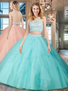 Two Pieces Ball Gown Prom Dress Aqua Blue Scoop Tulle Sleeveless Floor Length Backless