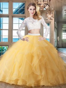 Scoop Long Sleeves Sweet 16 Quinceanera Dress Brush Train Beading and Lace and Ruffles Gold Organza