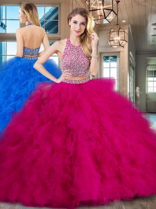 Halter Top Backless Tulle Sleeveless With Train Sweet 16 Quinceanera Dress Brush Train and Beading and Ruffles
