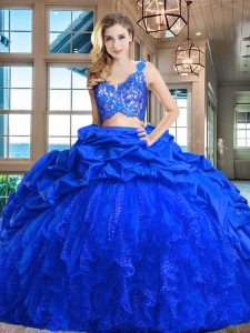 Affordable Pick Ups Brush Train Two Pieces Quince Ball Gowns Royal Blue V-neck Taffeta and Tulle Sleeveless Zipper