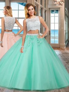 Spectacular Bateau Sleeveless Quinceanera Gown Floor Length Beading and Appliques Apple Green Tulle