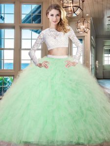 Vintage Scoop Beading and Lace and Ruffles Sweet 16 Quinceanera Dress Apple Green Zipper Long Sleeves Floor Length