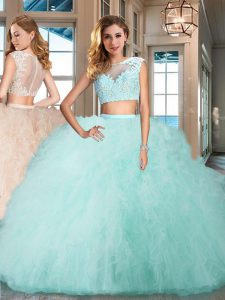 Top Selling Cap Sleeves Floor Length Zipper 15 Quinceanera Dress Aqua Blue for Military Ball and Sweet 16 and Quinceaner