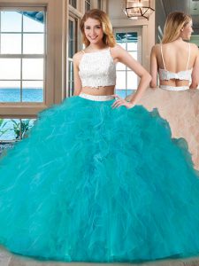 Straps Floor Length Backless Sweet 16 Dress Blue for Military Ball and Sweet 16 and Quinceanera with Beading
