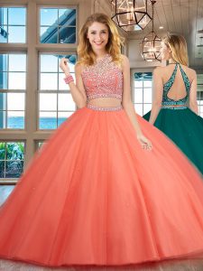 Watermelon Red Backless Scoop Beading 15th Birthday Dress Tulle Sleeveless