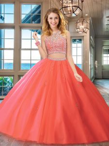 Attractive Tulle Scoop Sleeveless Backless Beading Quinceanera Gowns in Watermelon Red