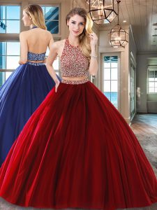 Halter Top Backless Tulle Sleeveless Floor Length Quinceanera Gown and Beading