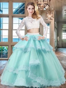 On Sale Scoop Ruffled Aqua Blue Long Sleeves Tulle and Lace Zipper Quinceanera Dress for Military Ball and Sweet 16 and 