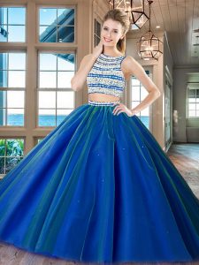 Decent Floor Length Royal Blue Vestidos de Quinceanera Scoop Sleeveless Backless