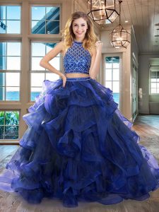 Popular Tulle Halter Top Sleeveless Brush Train Backless Beading and Ruffles Quinceanera Gowns in Royal Blue