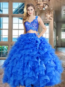 Dynamic Sleeveless Organza Floor Length Zipper Vestidos de Quinceanera in Blue with Lace and Ruffles