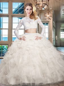 New Style Scoop White Long Sleeves Organza Zipper Sweet 16 Quinceanera Dress for Military Ball and Sweet 16 and Quincean