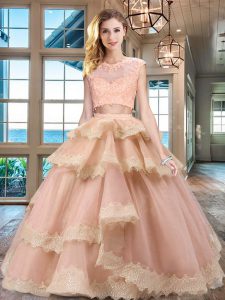 Luxurious Peach Scoop Neckline Beading and Lace and Appliques and Ruffled Layers Quinceanera Dress Cap Sleeves Zipper