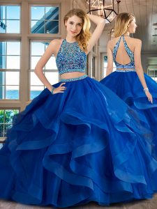 Royal Blue Scoop Backless Beading and Ruffles Quinceanera Dress Sleeveless