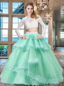 Graceful Scoop Long Sleeves Zipper Floor Length Beading and Lace and Ruffled Layers Quinceanera Gown