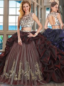 Scoop Cap Sleeves Brush Train Beading and Embroidery and Pick Ups Backless Vestidos de Quinceanera