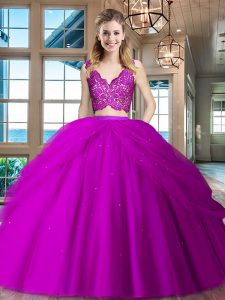 Extravagant Fuchsia Sleeveless Lace and Ruffled Layers Floor Length Sweet 16 Dress
