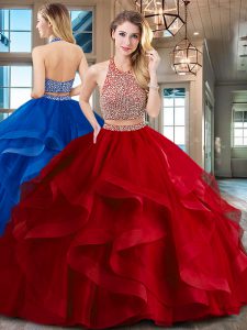 Elegant Halter Top Red Backless Quinceanera Dress Beading and Ruffles Sleeveless With Brush Train