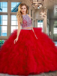 Scoop Red Sleeveless Tulle Backless Sweet 16 Dresses for Military Ball and Sweet 16 and Quinceanera