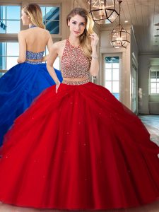 Flirting Halter Top Red Two Pieces Beading and Pick Ups 15th Birthday Dress Backless Tulle Sleeveless Floor Length