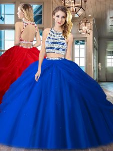 Scoop Floor Length Backless Quinceanera Dresses Royal Blue for Military Ball and Sweet 16 and Quinceanera with Beading a