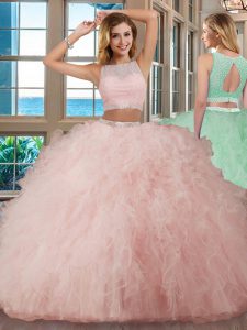 Beautiful Scoop Floor Length Backless 15th Birthday Dress Pink for Military Ball and Sweet 16 and Quinceanera with Beadi