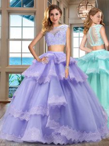 Pretty Ruffled Lavender Cap Sleeves Tulle Zipper Sweet 16 Dress for Military Ball and Sweet 16 and Quinceanera